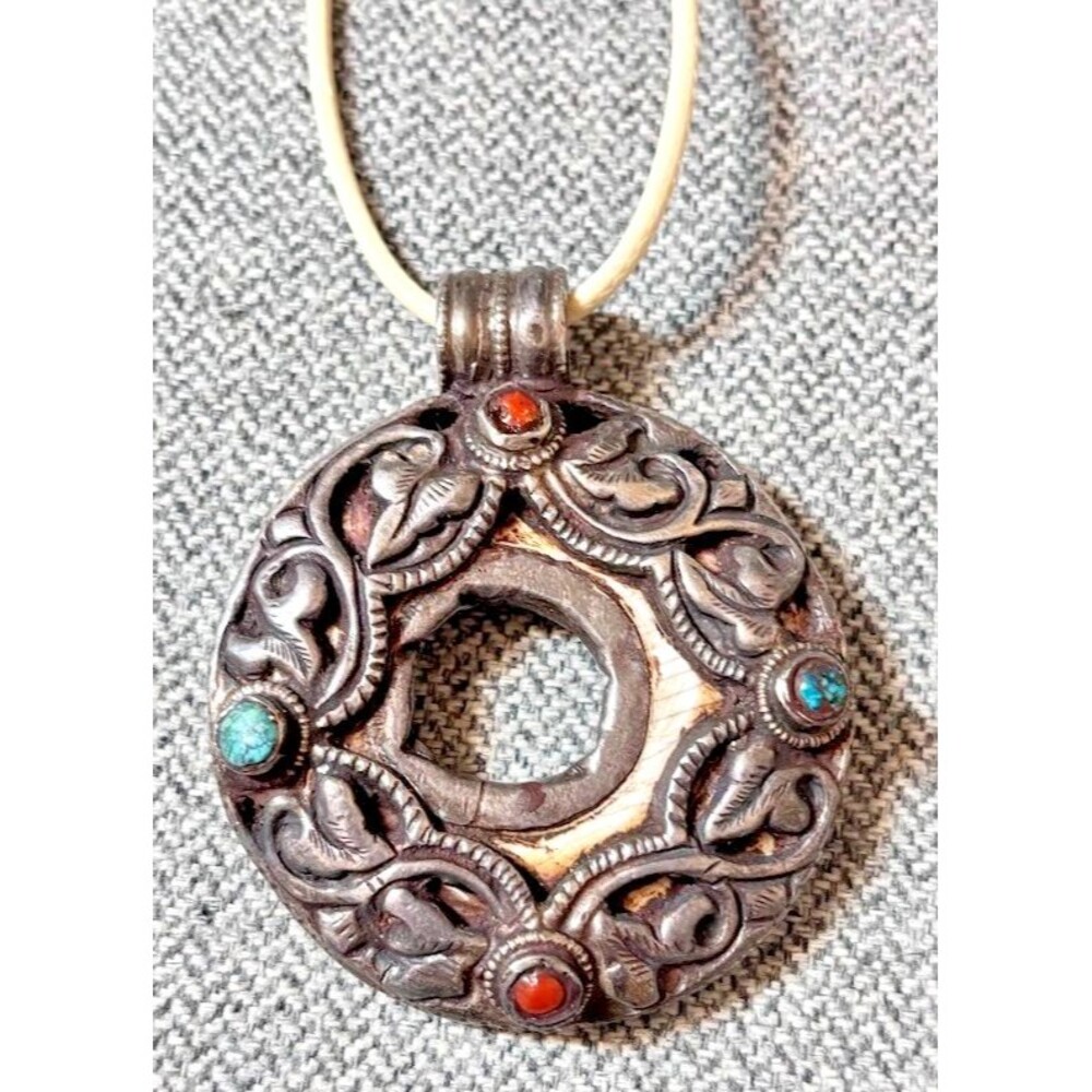 Vintage Large Tibetan Bone Pendant Necklace Repousse Turquoise Coral Inlay Nepal
